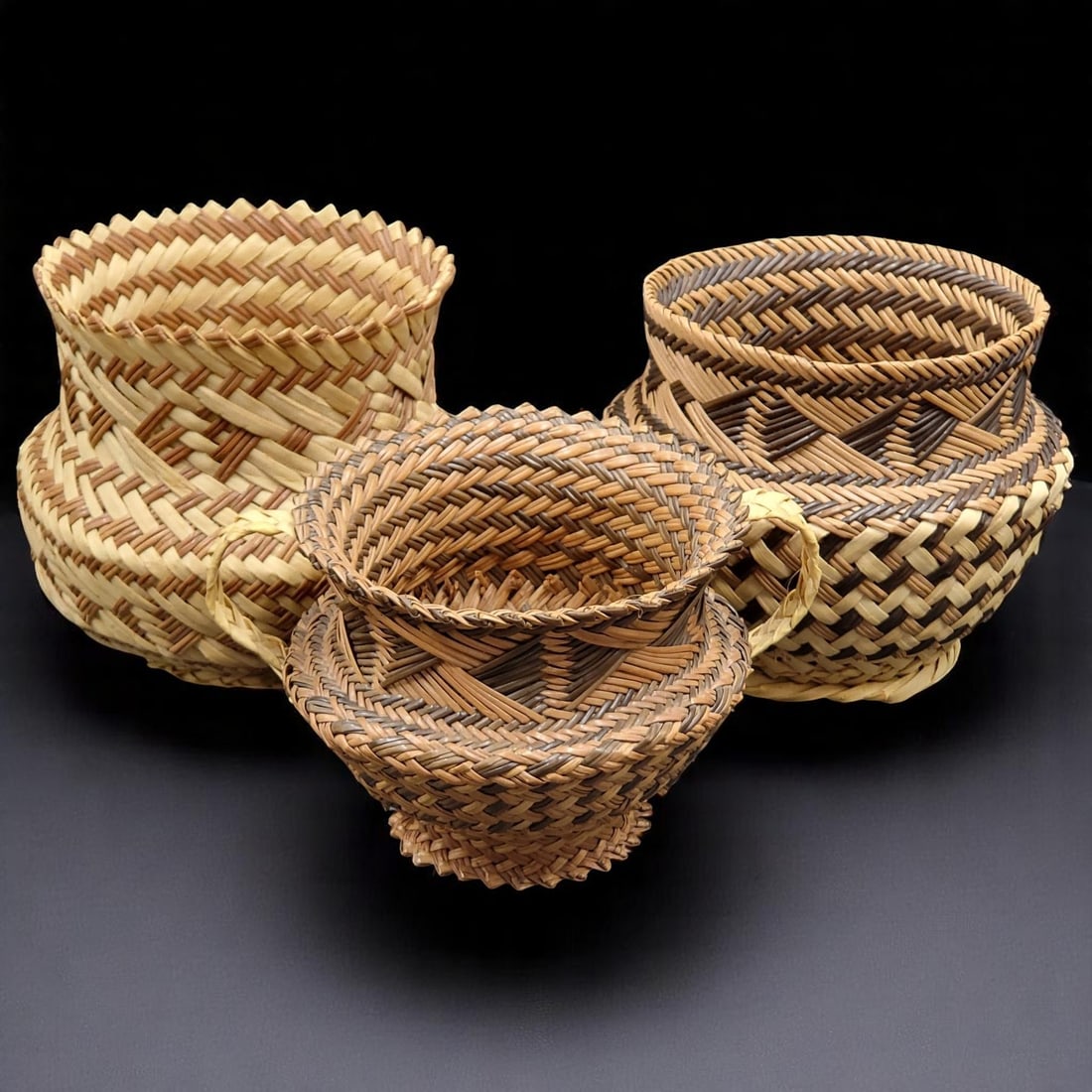 Trio Of Native American Creek Tribe Double Walled Woven Pine Baskets (1 of 17)