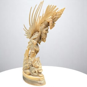 An Old Very Finely Carved Balinese / Indonesian Hindu Horn Totem Of Krishna On Top Of Garuda