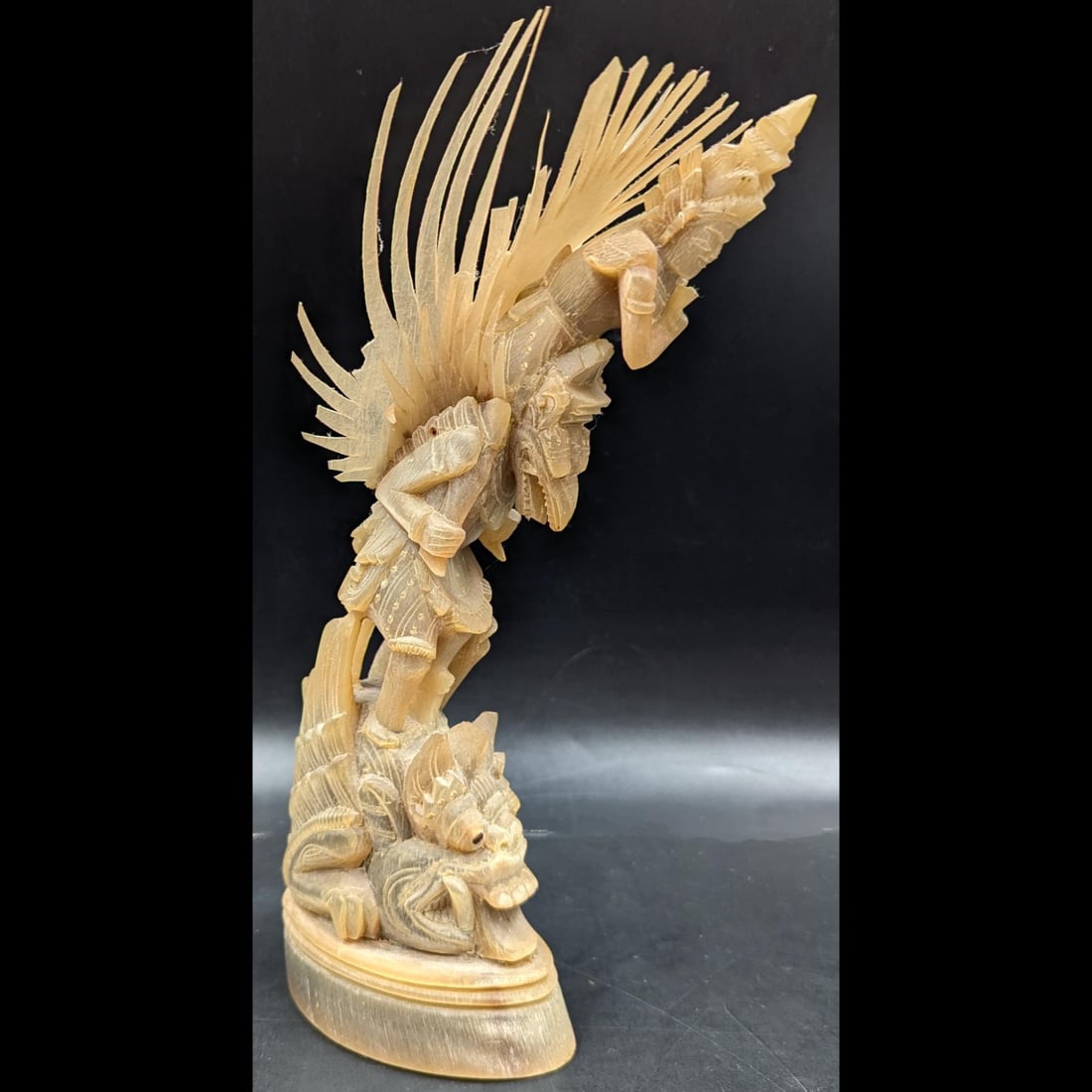 An Old Very Finely Carved Balinese / Indonesian Hindu Horn Totem Of Krishna On Top Of Garuda (1 of 15)