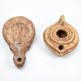 Pair Of Terra Cotta Byzantine Style Oil Lamps, One Reproduction And One Likely Authentic