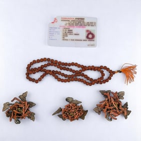 4 Piece Antique Jewelry Lot, 3 Coral Pendants And A Hindu Rudraksha Mala Bead Rosary With Document