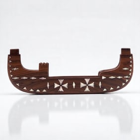 Solomon Islands Nguzu Nguzu Wood Carved Canoe & Pair Of Mini Prows Inlaid W/ Mother Of Pearl
