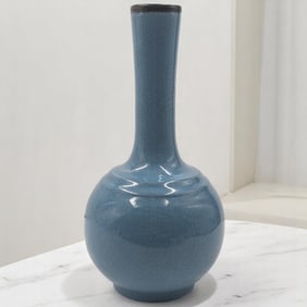 Chinese Long-Necked Cyan Glazed Ceramic Vase With Ice Pattern Crackle And Calligraphy
