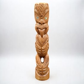 New Zealand Maori Wood Carved Totem Figure W/ Abalone Eyes