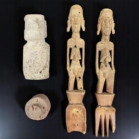 Easter Island Mo'ai Kavakava Pair Of Wood Utensils & Pair Of Volcanic Rock Sculptures, 4 Pieces