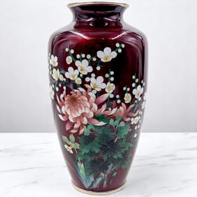 Vintage Japanese Red Cloisonne Vase With Floral Design