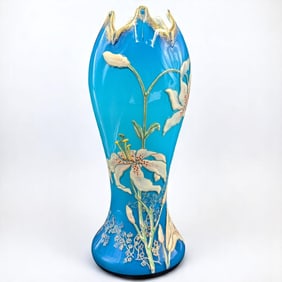 Large Vintage Hand Painted Glass Blue Vase With Gilt And Lily Design, Possibly Mont Joy