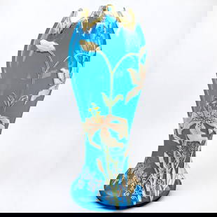 Large Vintage Hand Painted Glass Blue Vase With Gilt And Lily Design, Possibly Mont Joy: Large Vintage Hand Painted Glass Blue Vase With Gilt And Lily Design, Possibly Mont Joy. Measures approx. 12" X 4 1/2". Please copy and paste the URL link below to review our Terms and Cond