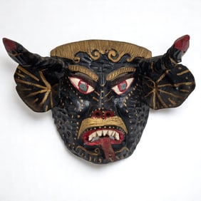 Mexican Folk Art Wood Carved Painted Devil Mask