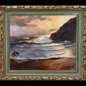 A Seascape Sunset Oil On Board Painting Signed "M. Hughes"