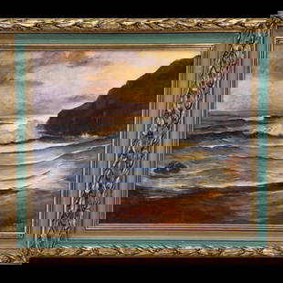 A Seascape Sunset Oil On Board Painting Signed "M. Hughes": A Seascape Sunset Oil On Board Painting Signed "M. Hughes" measures approximately 30-1/4" x 26-1/2" framed. Please copy and paste the URL link below to review our Terms and Conditions for b
