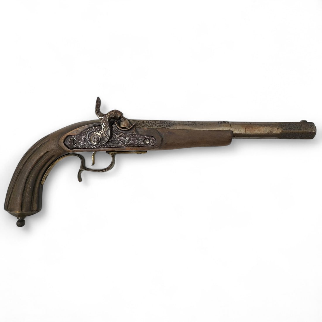 An Antique Percussion Target Pistol: **DUE TO THIS LOT BEING CLASSED AS A WEAPON IT MUST BE PAID VIA BANK WIRE TRANSFER OR CERTIFIED CHECK.** An Antique Percussion Target Pistol. Measures approximately 14-1/2" long. Ple