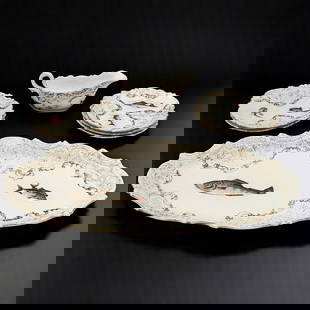 Lot Of 7 Victorian Style Porcelain Dish Set, Decorated With Hand Painted Fish / Crawfish And Gilt: Lot Of 7 Victorian Style Porcelain Dish Set, Decorated With Hand Painted Fish / Crawfish And Gilt. Includes four plates, one gravy boat, and a large serving tray. Serving tray measures approx. 10" X 2