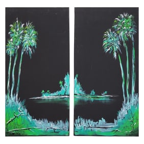 A Pair Of Acrylic On Canvas Landscape Paintings By Florida Artist Signed "M. Wrenn"