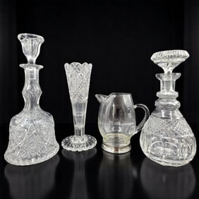4Pc Lot Of ABP Cut Glass Decanters, Vase, And Wallace Sterling Base Cocktail Pitcher