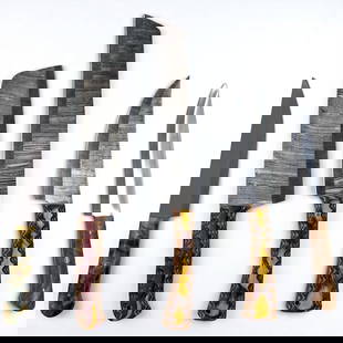 5Pc Hand Made Damascus Steel Kitchen Knives: **DUE TO THIS LOT BEING CLASSED AS A WEAPON IT MUST BE PAID VIA BANK WIRE TRANSFER OR CERTIFIED CHECK.** Please copy and paste the URL link below to review our Terms and Conditions for bidd
