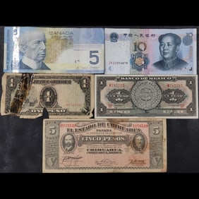 Lot Of Assorted Currency Including (3) Pesos, (1) Chinese Yuan, (1) Canadian Dollar