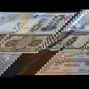 Lot Of Assorted Currency Including (3) Pesos, (1) Chinese Yuan, (1) Canadian Dollar: Lot Of Assorted Currency Including (3) Pesos, (1) Chinese Yuan, (1) Canadian Dollar. Lot includes 5 pieces. Includes a $5.00 Mexican peso from the state of Chihuahua circa 1914 during the Mexican Revo