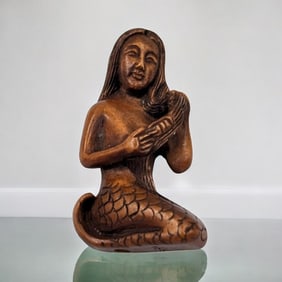Early Signed Hand Carved Japanese Boxwood Netsuke Of A Mermaid Combing Her Hair