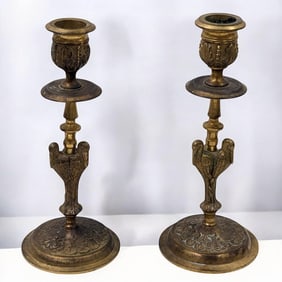 Pair Of Antique Bronze Candlestick Holders Decorated With Birds