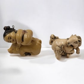Pair Of Early Japanese Finely Carved Figures, One Signed