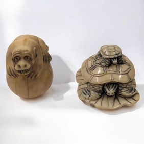 Pair Of Early Japanese Finely Carved Figures, One Signed