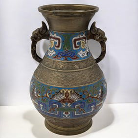 An Antique Japanese Bronze Champleve Vase With Figural Handles