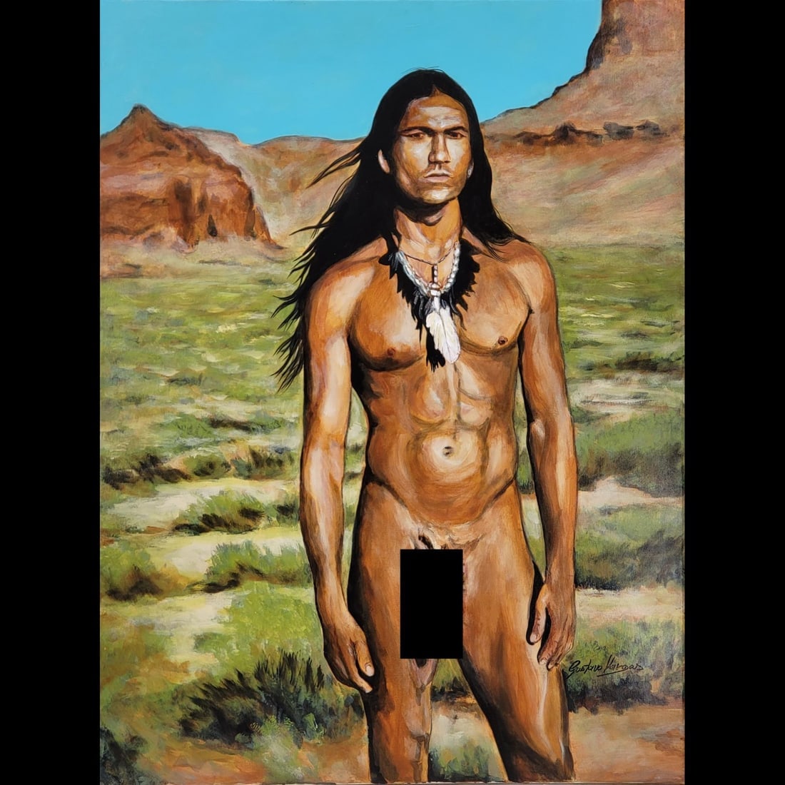 Acrylic On Canvas Native American Nude Portrait Painting Artist Signed "Gustavo Vargas": Acrylic On Canvas Native American Nude Portrait Painting Artist Signed "Gustavo Vargas". Measures approximately 30" x 40". Please copy and paste the URL link below to review our Terms and C