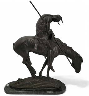 A Very Large Bronze Sculpture, American James Earle Fraser (1876-1953) Bronze "END OF TRAIL": American New York, New Hampshire, Connecticut, Minnesota, James Earle Fraser (1876-1953) Bronze With Nice Natural Green Patina "END OF TRAIL". From A Eustis Florida Estate, He Was 90 Plus Ex