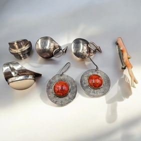 Lot Of 5 Mostly Sterling Silver Jewelry Pieces, Two Pairs Of Earrings, Two Rings, Coral Pin, 63 Gram