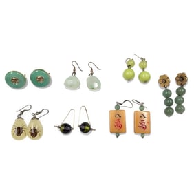 Lot Of 7 Oriental Pairs Of Earrings, Includes Jade, Carved Stone, Glass Beads, Beetles, And 14K Gold