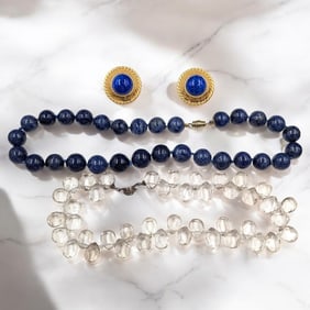 Lot Of 2 Beaded Necklaces And A Pair Of Blanca Earrings, Lapis Lazuli Or Sodalite And Quartz