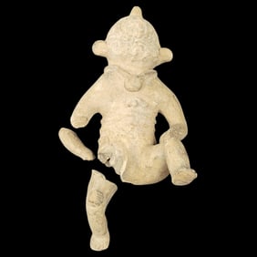 Large Pre-Columbian Carved Pottery Seated Figure Effigy, Fragmented