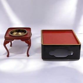 Lot Of 3 Japanese Red And Black Lacquered Serving Tray Tables, One With Removable Bowl