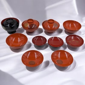 13 Piece Lot Of Japanese Red, Black, And Gilt Lacquered Sakazuki Cups And Bowls, Some Marked