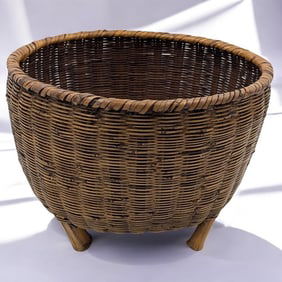 Large Antique Japanese Woven Bamboo Four-Legged Basket, Likely Used For Storage