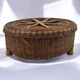 Large Antique Japanese Woven Bamboo Three-Legged Lidded Storage Basket