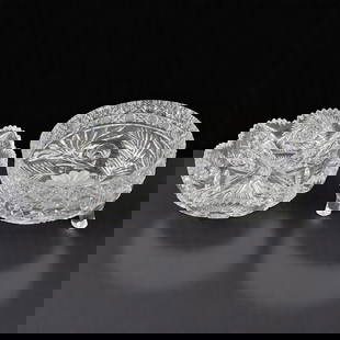 Pair Of American Brilliant Period ABP Cut Glass, Serving Tray & Bowl: Pair Of American Brilliant Period ABP Cut Glass, Serving Tray & Bowl. The bowl measures approximately 7-1/2" x 4", and the divided tray measures approximately 8" diameter. Please copy and p
