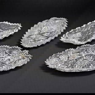 American Brilliant Period ABP Cut Glass Serving Trays, 3 Pieces: American Brilliant Period ABP Cut Glass Serving Trays, 3 Pieces. Each measures approximately 11-1/2" x 4-1/2" (longest piece), 7-1/2" x 5" (small piece), and 5-1/2" diameter. Please copy an