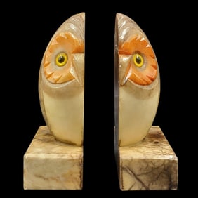 Italian Alabaster Carved Two-Piece Owl Bookend Sculpture