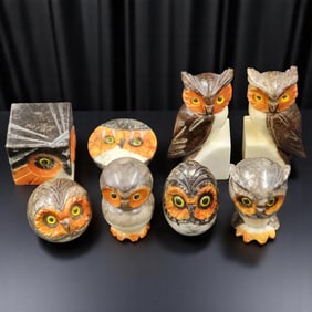 Italian Alabaster Carved Paperweight Owl Sculptures, 8 Pieces