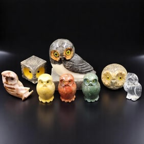 Italian Carved Paperweight Owl Sculptures Alabaster & Lead Crystal, 8 Pieces
