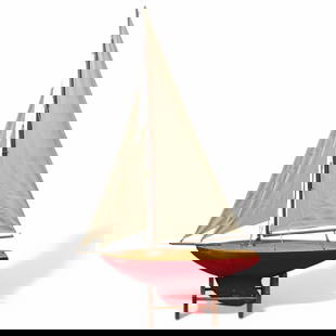 Vintage Solid Model Pond Yacht, Possibly A Star Yacht SY-3, "Sea Vixen", With Stand: Vintage Solid Model Pond Yacht, Possibly A Star Yacht SY-3, "Sea Vixen", With Stand. Measures approx. 35 1/2" X 25" with stand. Please copy and paste the URL link below to review our Terms