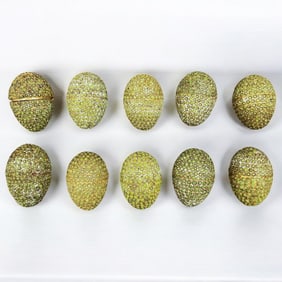 Lot Of 10 Gilt Metal Kathmandu Easter Ornaments Egg Box Trinket Inlaid With Green Stone