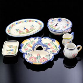QUIMPER Faience Henriot & HB Hand Painted French Kitchen Serveware Pottery Set, 6 Pieces