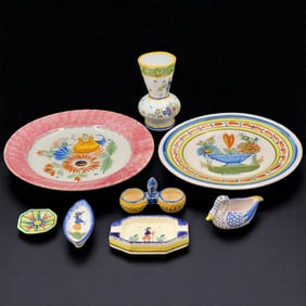 QUIMPER Faience HR & HB Hand Painted French Pottery Set, 8 Pieces