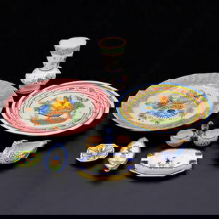 QUIMPER Faience HR & HB Hand Painted French Pottery Set, 8 Pieces: QUIMPER Faience HR & HB Hand Painted French Pottery Set, 8 Pieces. Lot includes two plates, one small vase, and several miniature pieces including trays and containers. Please copy and past