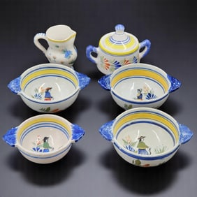 QUIMPER Faience Henriot Hand Painted French Kitchen Serveware Pottery Set, 6 Pieces