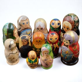 A Dozen Hand Painted Russian Nesting Dolls, 12 Pieces