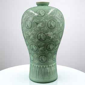 Korean Celadon Crackle Glaze Meiping Vase W/ Seal Mark, Storks Motif